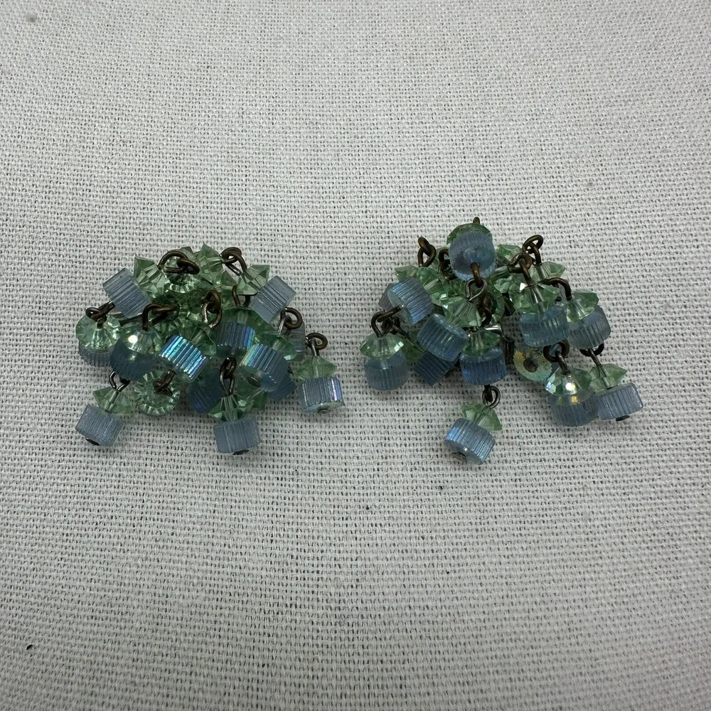 Vintage Clip On Earrings‎ Blue Glass Beaded Dangle Old Hollywood Glam Estate